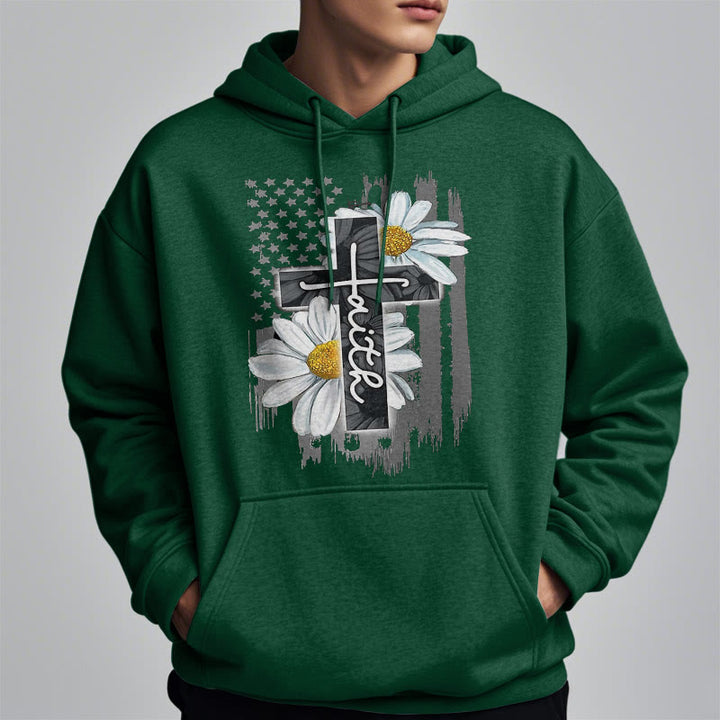 Modern Style Faith Cross and Daisies Fleece Lined Polyester Hoodie