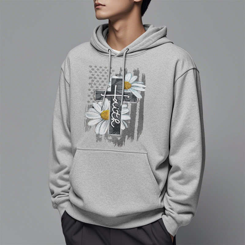 Modern Style Faith Cross and Daisies Fleece Lined Polyester Hoodie