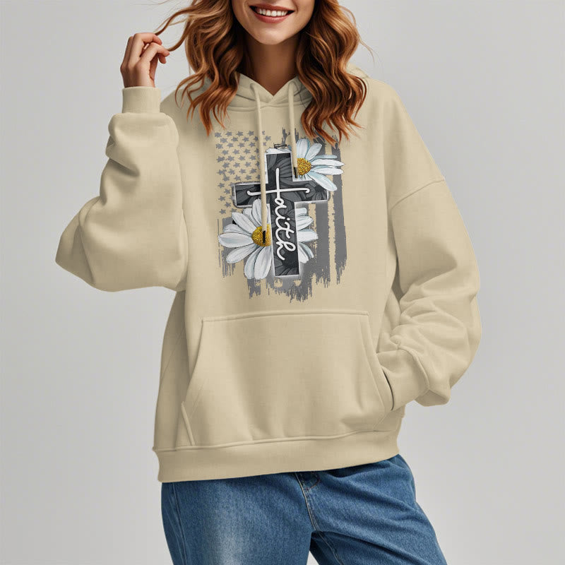 Modern Style Faith Cross and Daisies Fleece Lined Polyester Hoodie