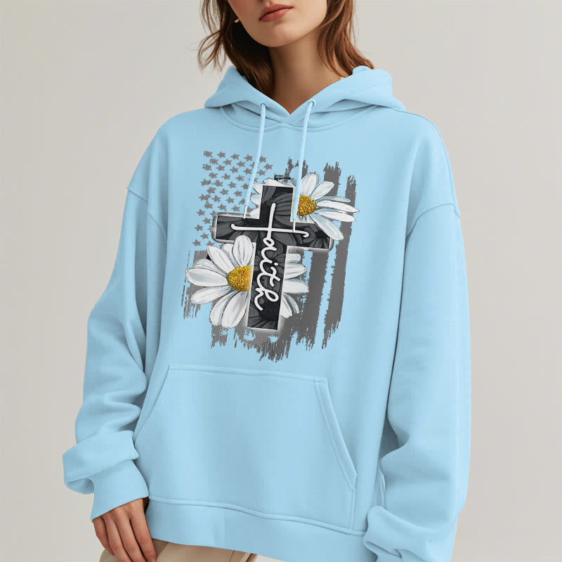 Modern Style Faith Cross and Daisies Fleece Lined Polyester Hoodie