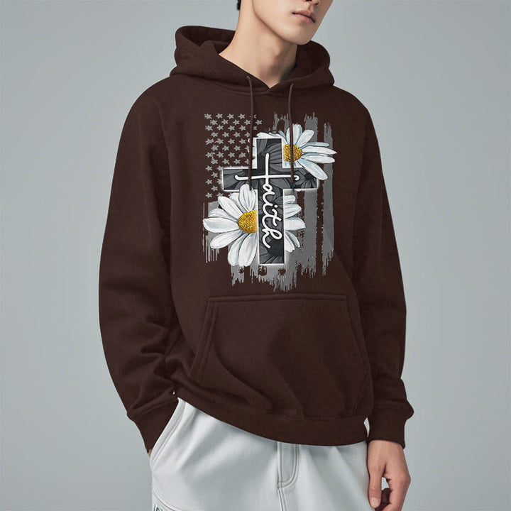 Modern Style Faith Cross and Daisies Fleece Lined Polyester Hoodie