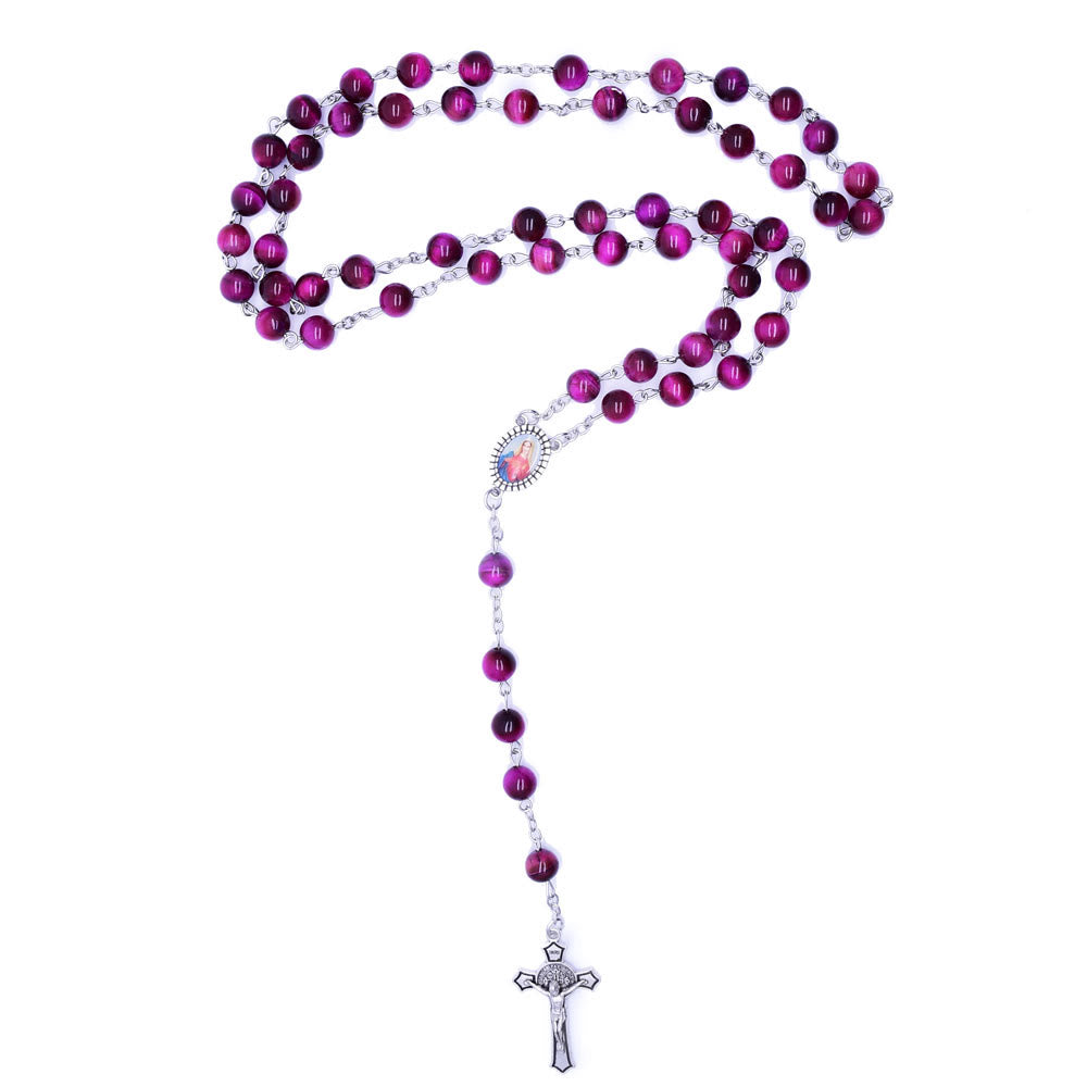 Immaculate Heart of Mary & Crucifix of 8 mm Round Purple Stone Alloy Chain Rosary