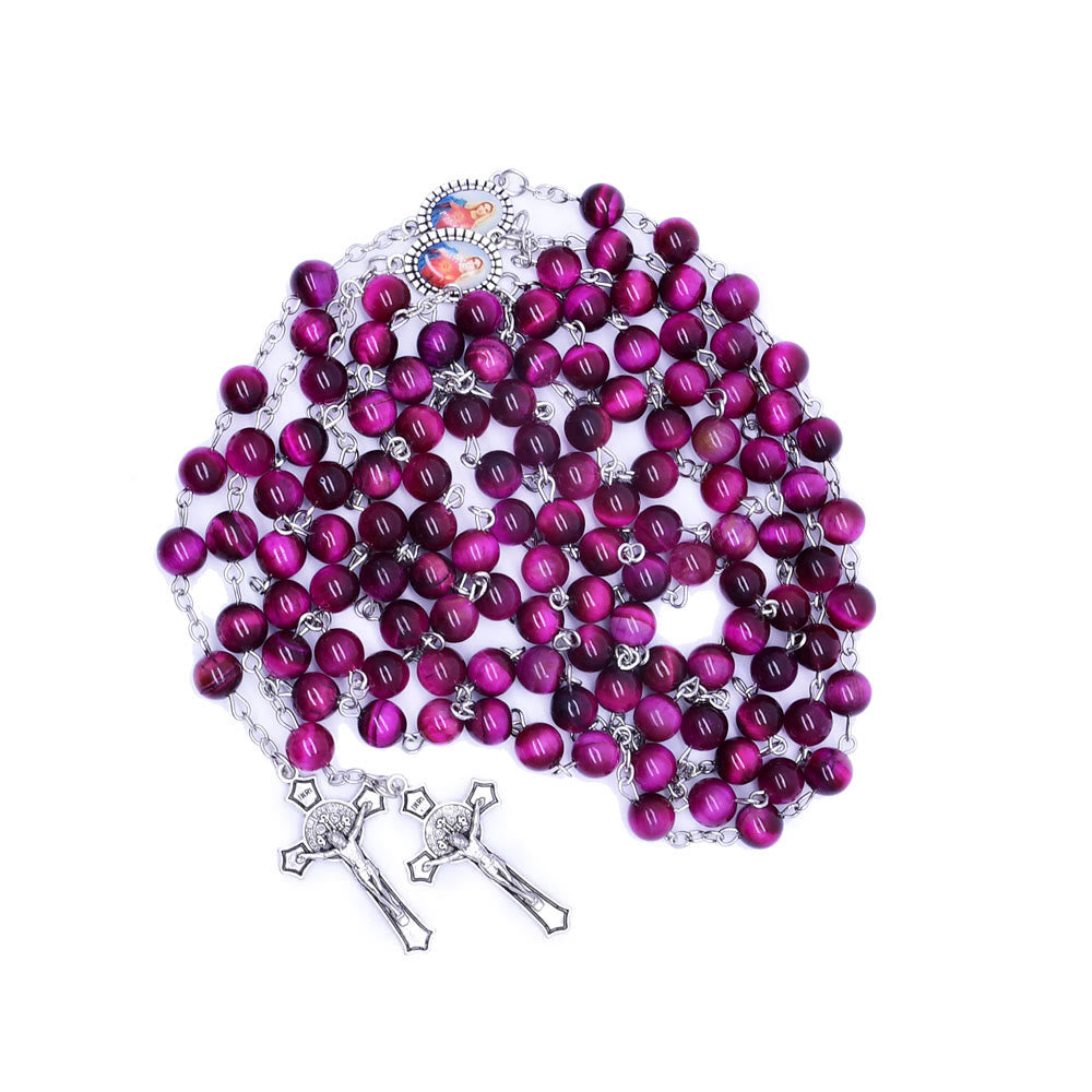 Immaculate Heart of Mary & Crucifix of 8 mm Round Purple Stone Alloy Chain Rosary