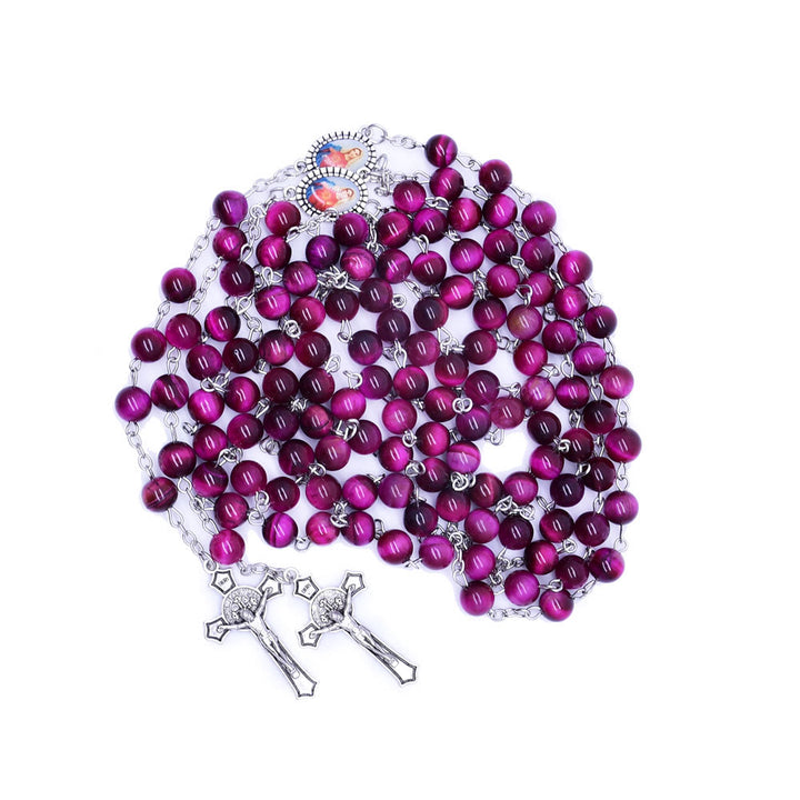 Immaculate Heart of Mary & Crucifix of 8 mm Round Purple Stone Alloy Chain Rosary
