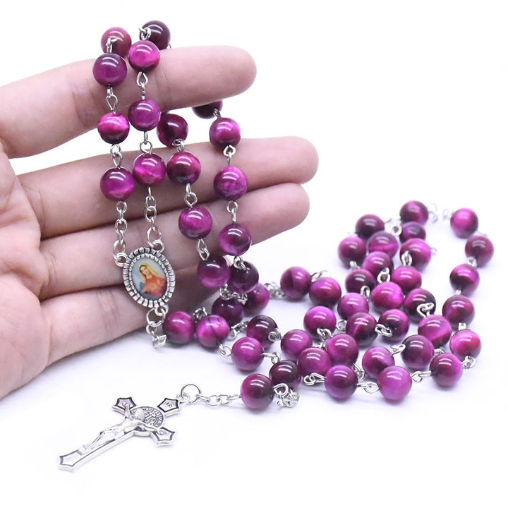 Immaculate Heart of Mary & Crucifix of 8 mm Round Purple Stone Alloy Chain Rosary