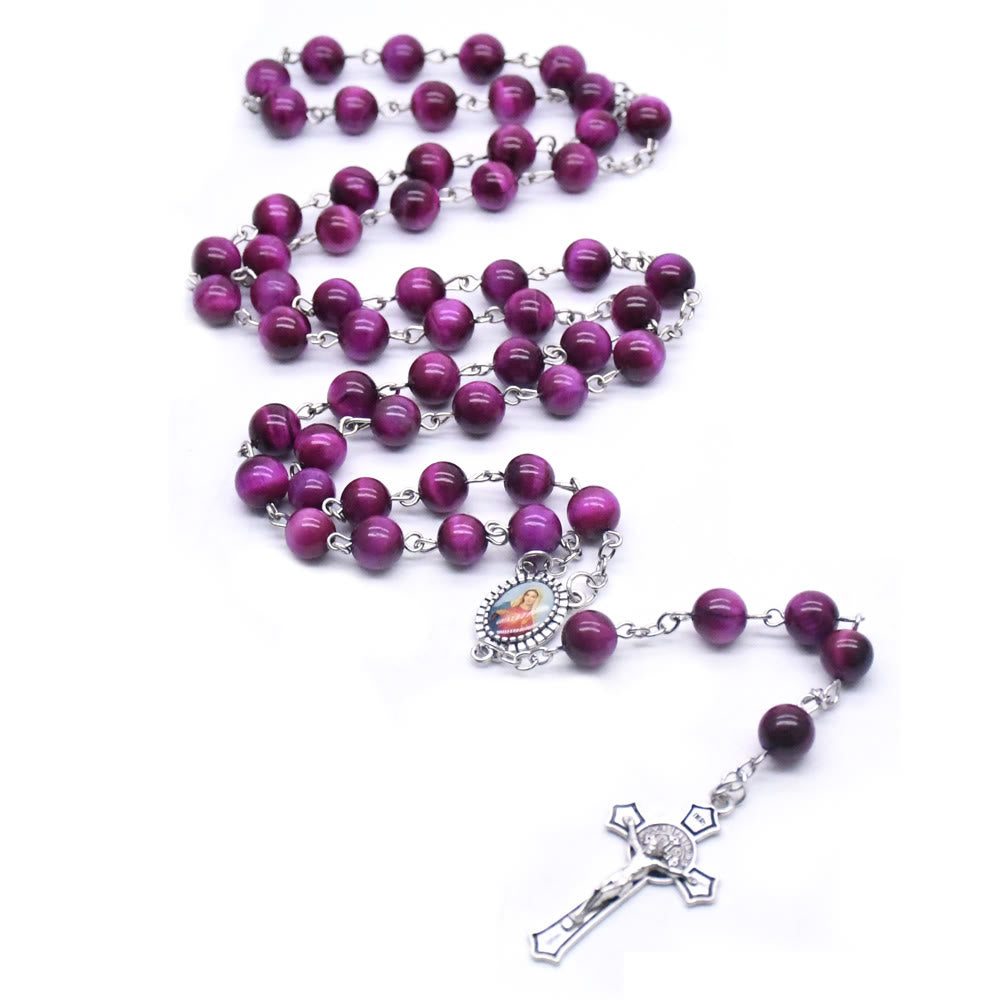 Immaculate Heart of Mary & Crucifix of 8 mm Round Purple Stone Alloy Chain Rosary