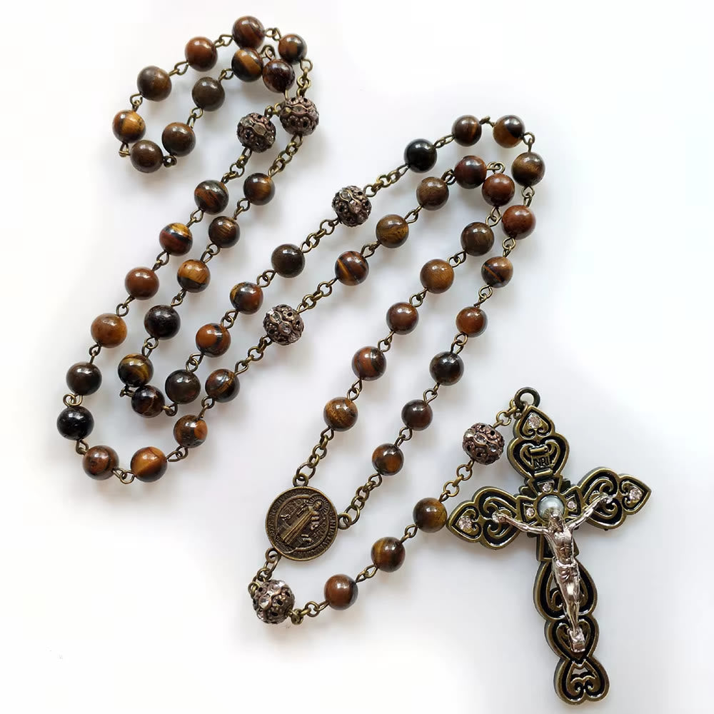 St. Benedict & Crucifix of 8 mm Round Brown Stone Alloy Chain Rosary