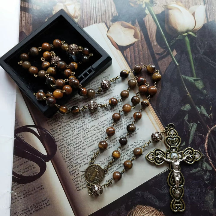 St. Benedict & Crucifix of 8 mm Round Brown Stone Alloy Chain Rosary