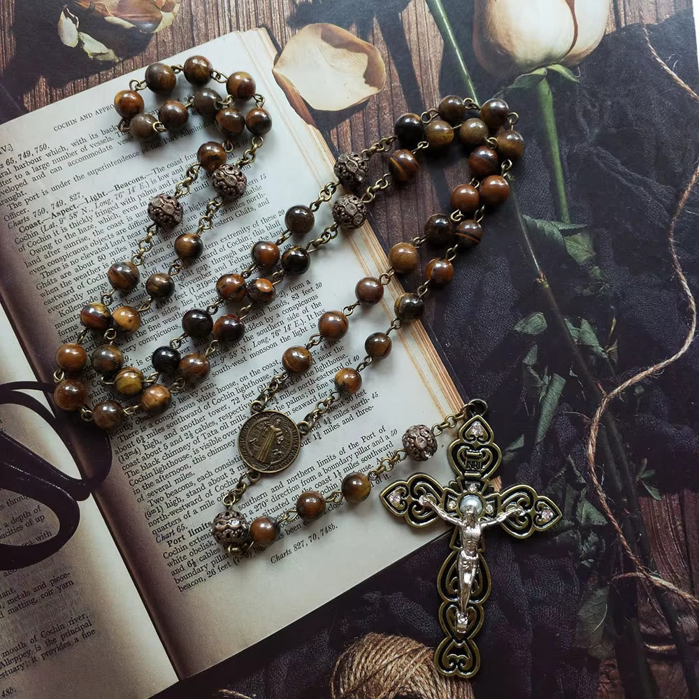St. Benedict & Crucifix of 8 mm Round Brown Stone Alloy Chain Rosary