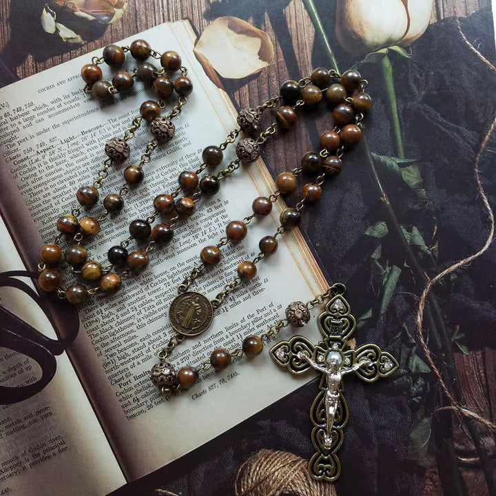 St. Benedict & Crucifix of 8 mm Round Brown Stone Alloy Chain Rosary