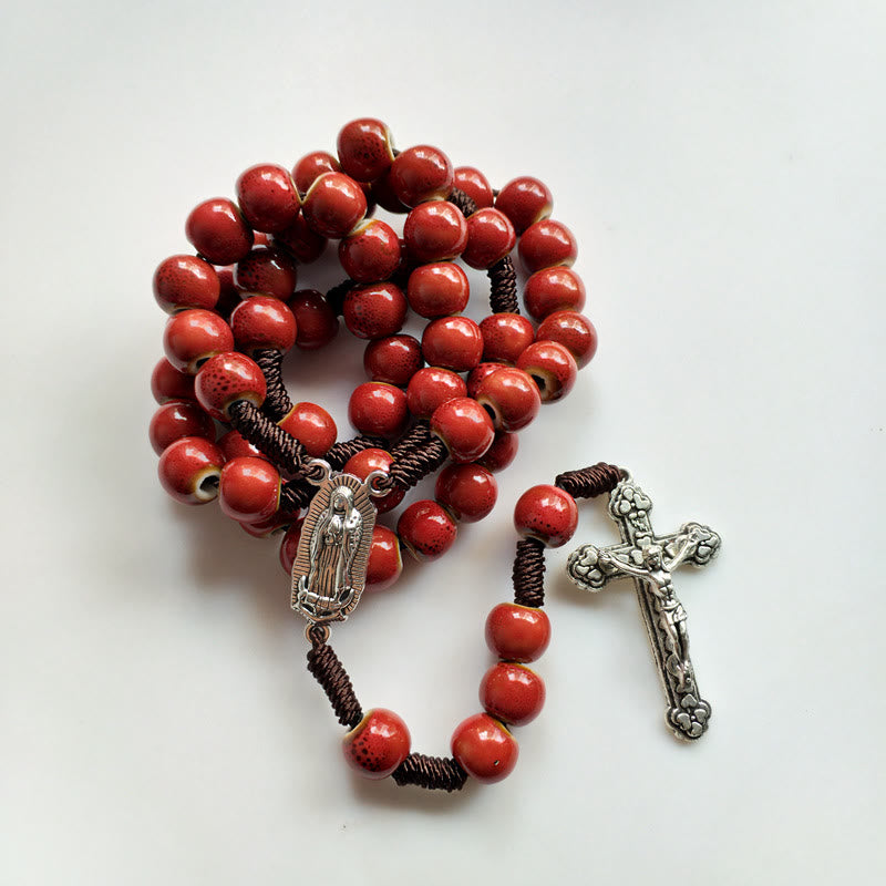 Our Lady of Guadalupe & Crucifix of 10 mm Round Red Ceramic Nylon Cord Rosary