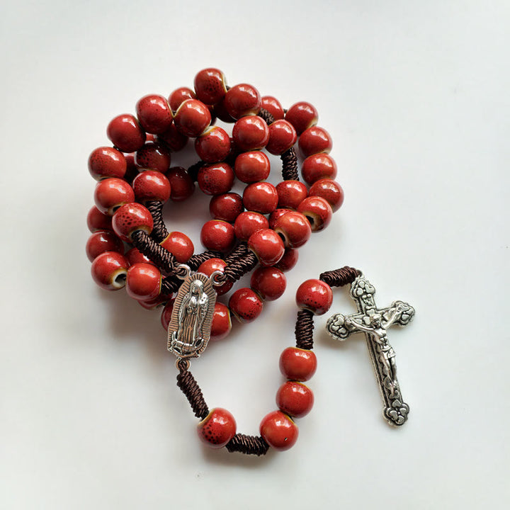 Our Lady of Guadalupe & Crucifix of 10 mm Round Red Ceramic Nylon Cord Rosary