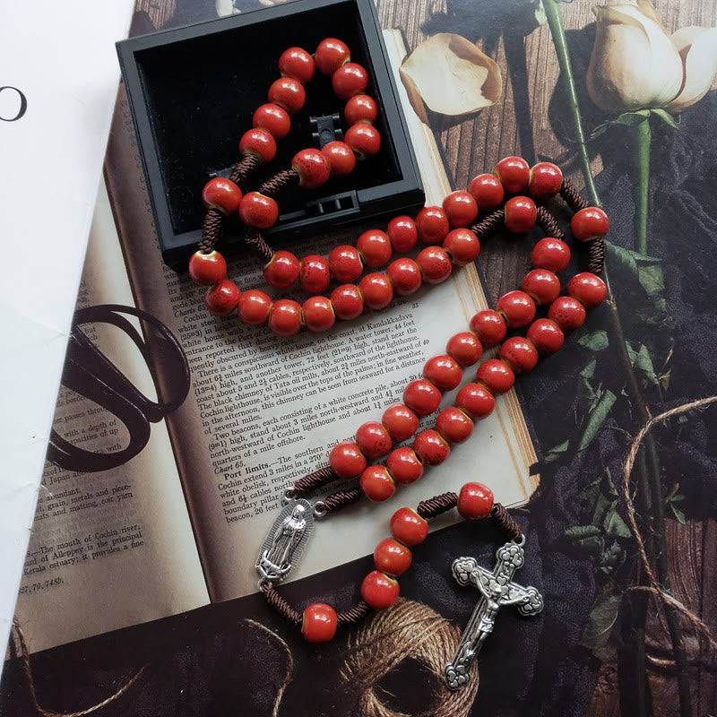 Our Lady of Guadalupe & Crucifix of 10 mm Round Red Ceramic Nylon Cord Rosary