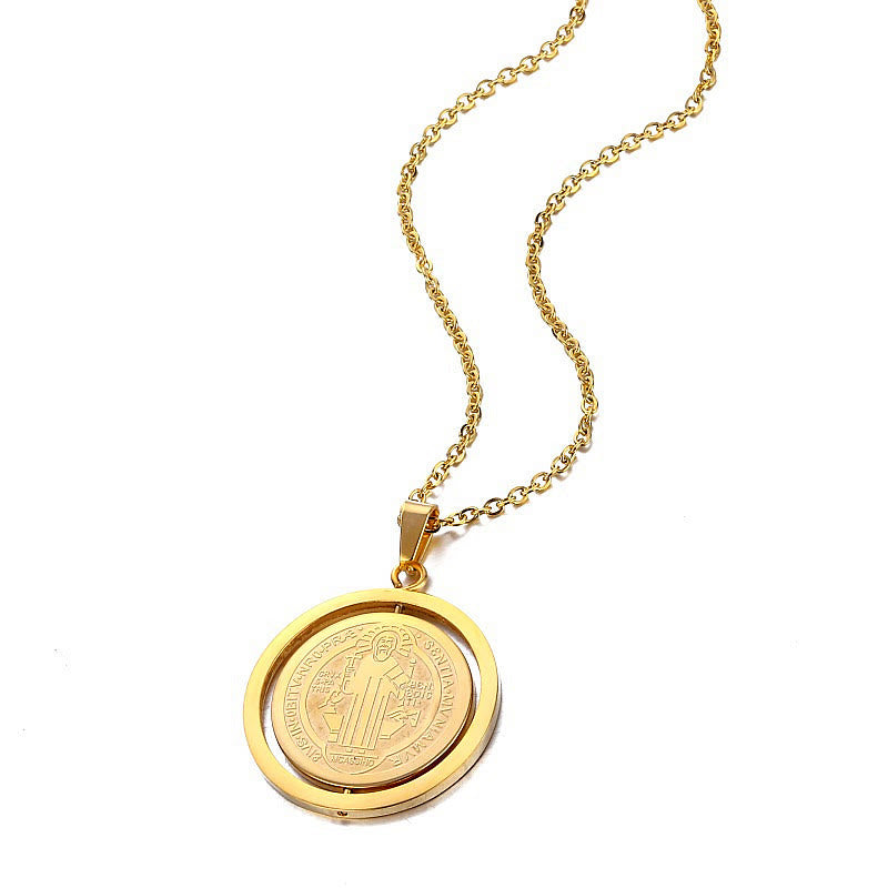 Classic Style Dual-Sided Rotatable St. Benedict Medal Pendant Necklace