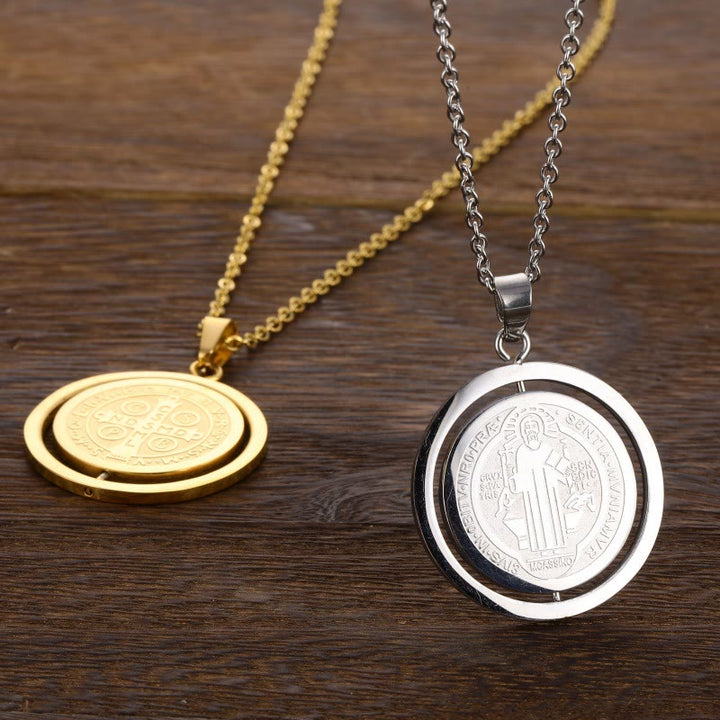 Classic Style Dual-Sided Rotatable St. Benedict Medal Pendant Necklace