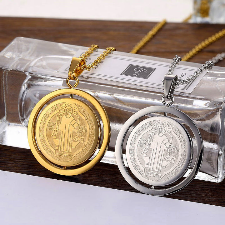 Classic Style Dual-Sided Rotatable St. Benedict Medal Pendant Necklace