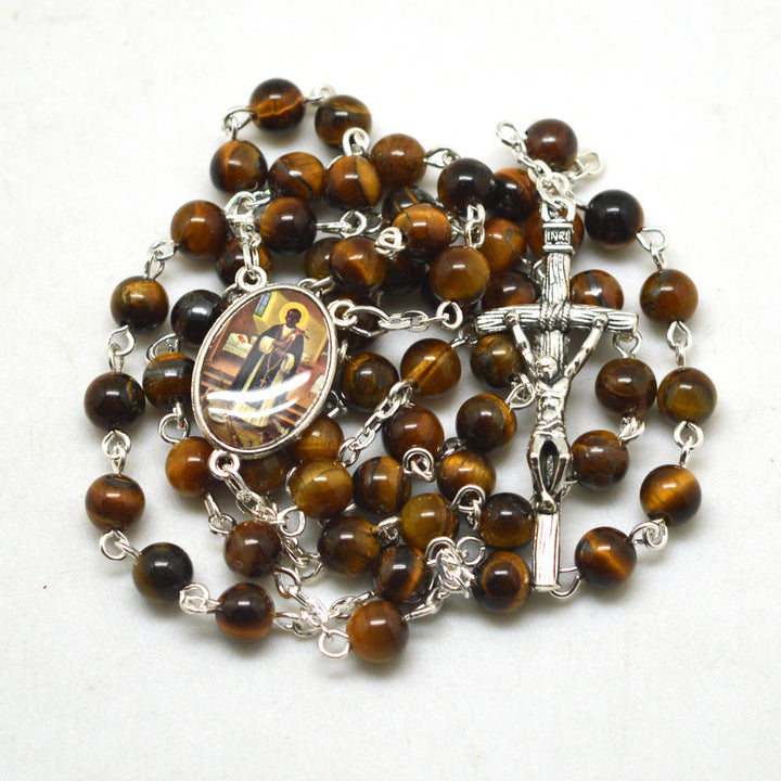 San Martin & Crucifix of 6 mm Round Brown Tiger Eye Stone Alloy Chain Rosary