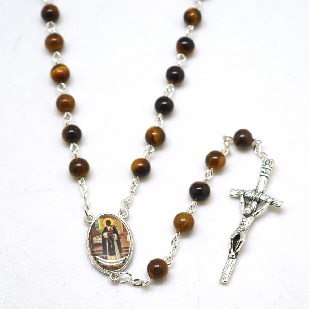 San Martin & Crucifix of 6 mm Round Brown Tiger Eye Stone Alloy Chain Rosary