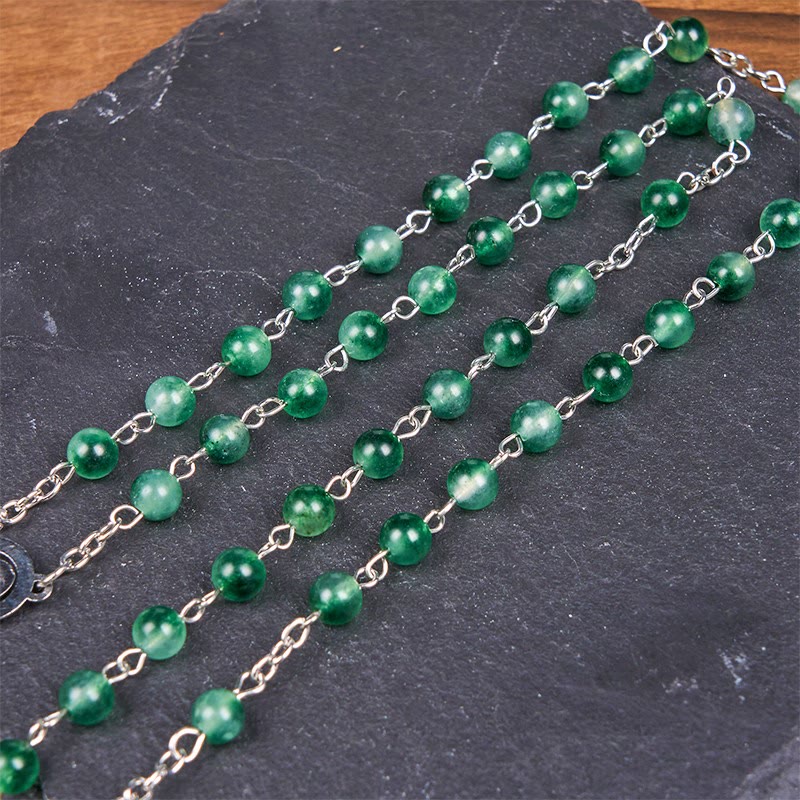 Our Lady of Rosary & Crucifix of 6mm Round Green Agate Alloy Chain Rosary