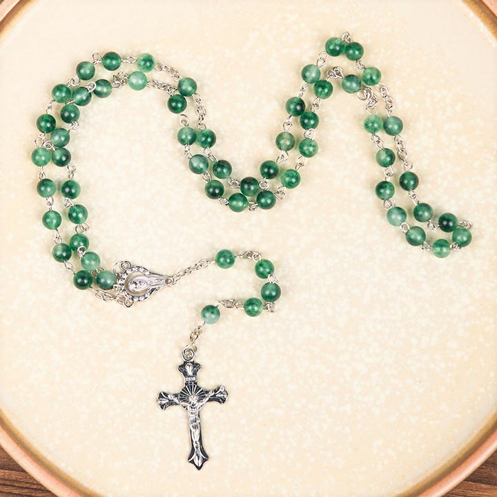Our Lady of Rosary & Crucifix of 6mm Round Green Agate Alloy Chain Rosary