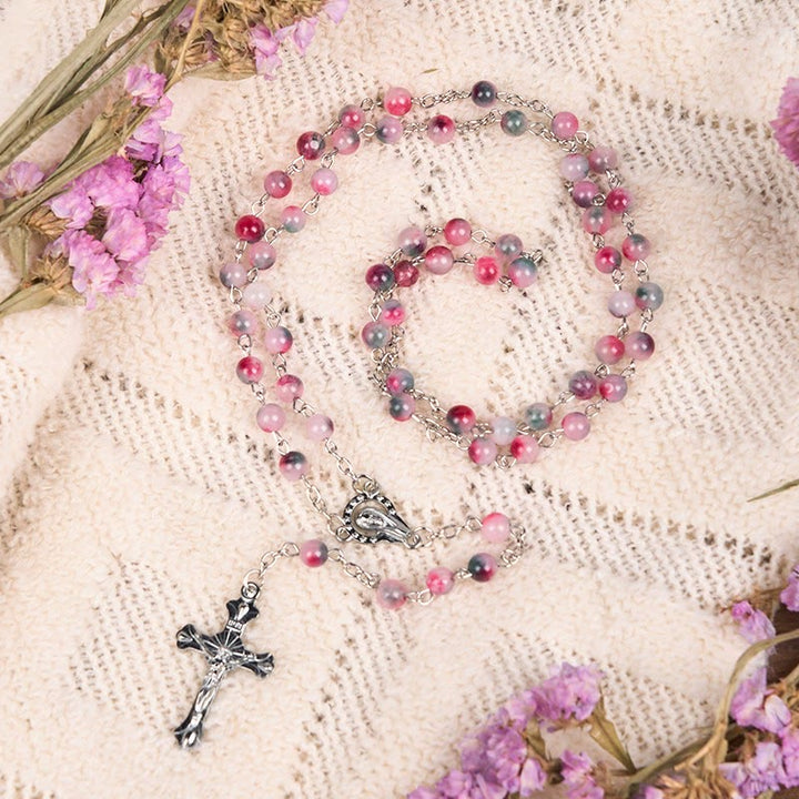 Our Lady of Rosary & Crucifix of 6mm Round Multi-pink Agate Alloy Chain Rosary