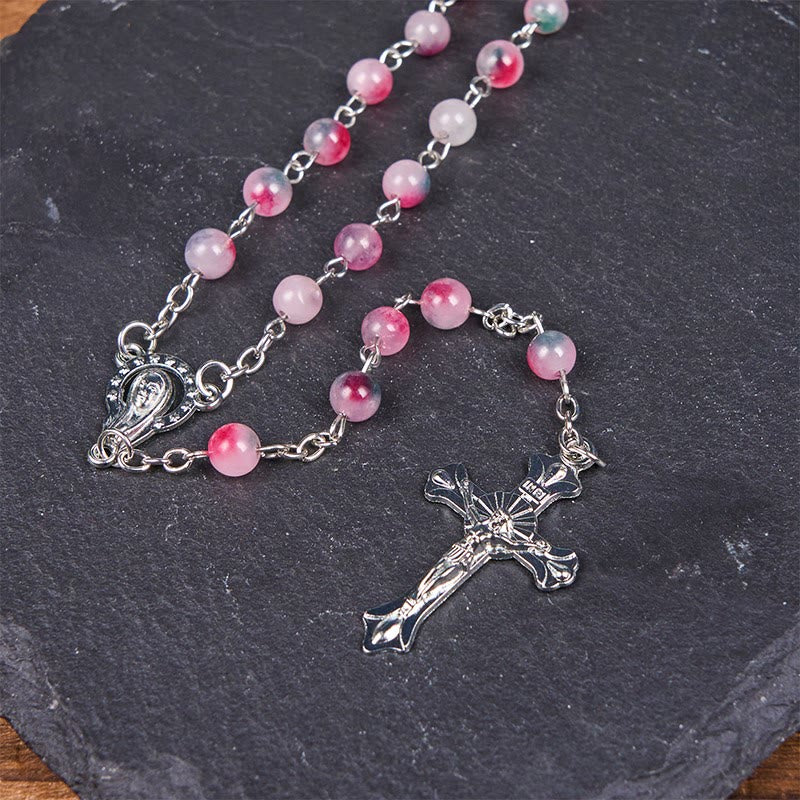 Our Lady of Rosary & Crucifix of 6mm Round Multi-pink Agate Alloy Chain Rosary