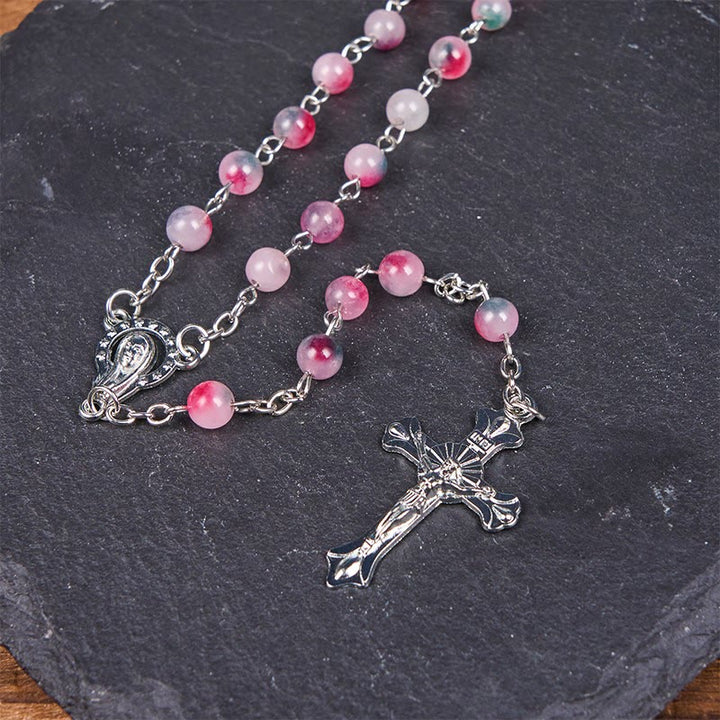 Our Lady of Rosary & Crucifix of 6mm Round Multi-pink Agate Alloy Chain Rosary