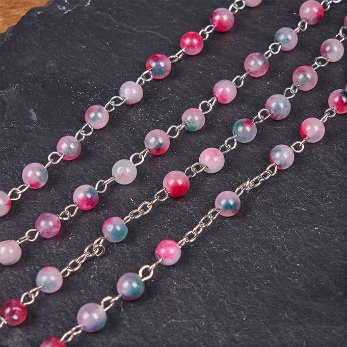 Our Lady of Rosary & Crucifix of 6mm Round Multi-pink Agate Alloy Chain Rosary