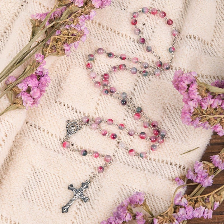 Our Lady of Rosary & Crucifix of 6mm Round Multi-pink Agate Alloy Chain Rosary