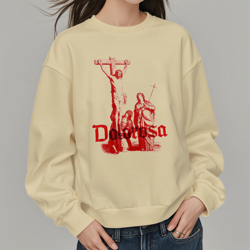 Classic Style Dolorosa Crucifix Jesus Sacred Faith Fleece Lined Polyester Sweatshirt