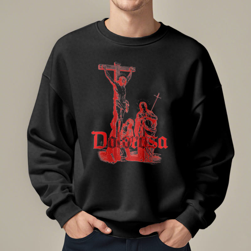 Classic Style Dolorosa Crucifix Jesus Sacred Faith Fleece Lined Polyester Sweatshirt