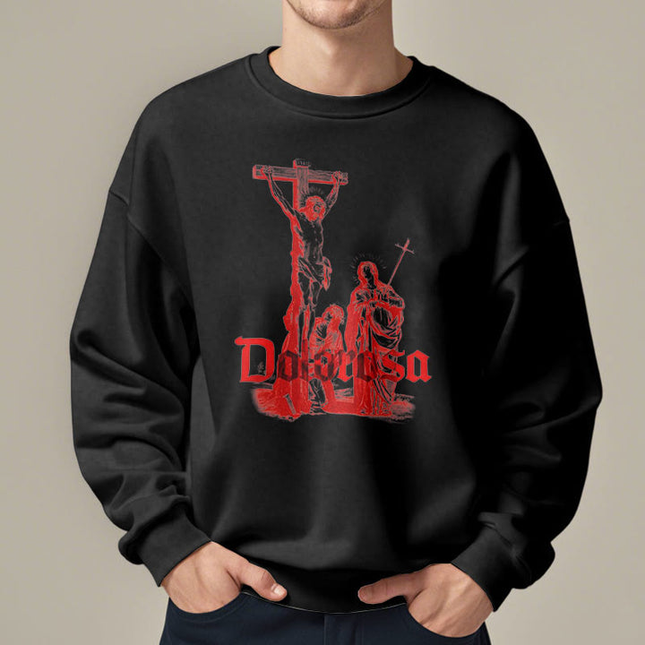 Classic Style Dolorosa Crucifix Jesus Sacred Faith Fleece Lined Polyester Sweatshirt