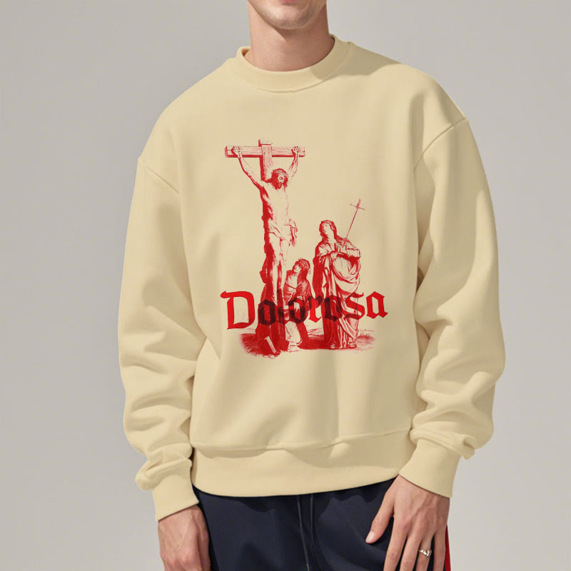 Classic Style Dolorosa Crucifix Jesus Sacred Faith Fleece Lined Polyester Sweatshirt