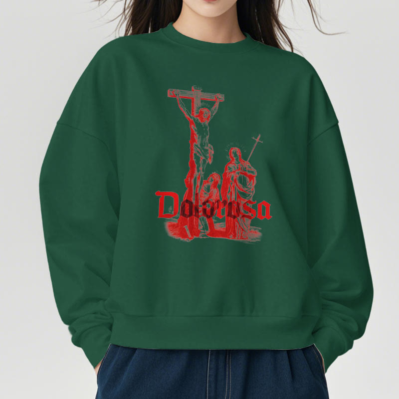 Classic Style Dolorosa Crucifix Jesus Sacred Faith Fleece Lined Polyester Sweatshirt