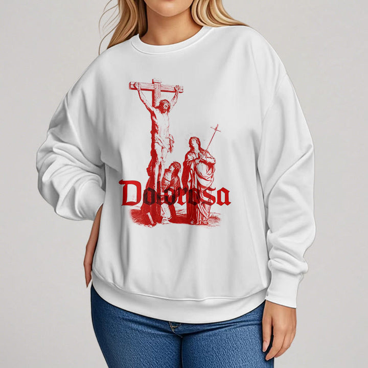 Classic Style Dolorosa Crucifix Jesus Sacred Faith Fleece Lined Polyester Sweatshirt