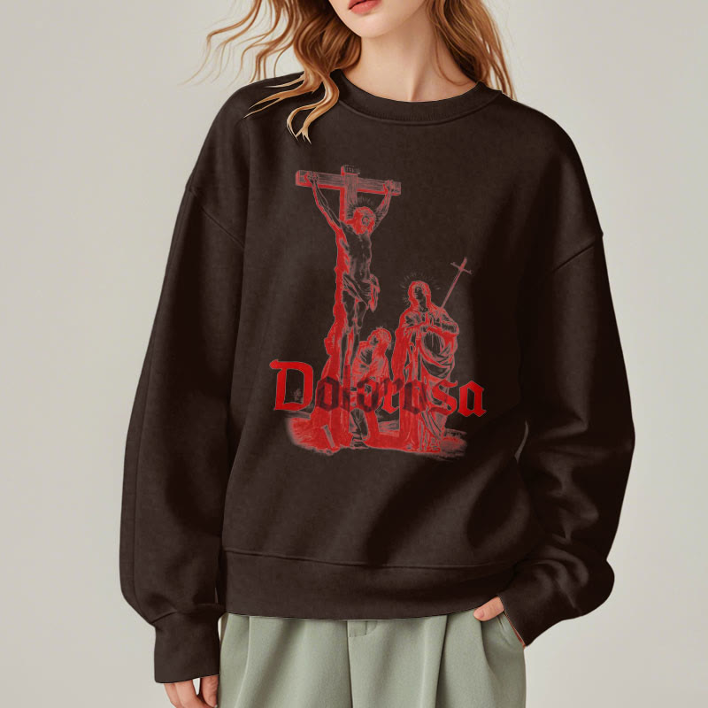 Classic Style Dolorosa Crucifix Jesus Sacred Faith Fleece Lined Polyester Sweatshirt