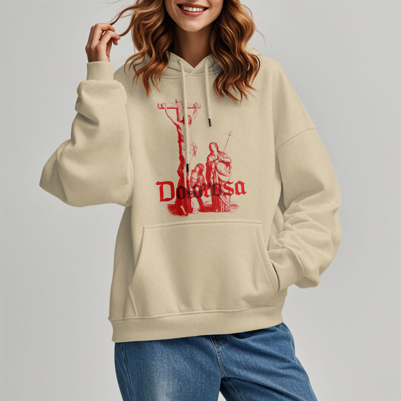 Classic Style Dolorosa Crucifix Jesus Sacred Faith Fleece Lined Polyester Hoodie