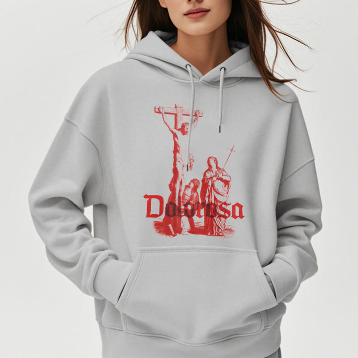Classic Style Dolorosa Crucifix Jesus Sacred Faith Fleece Lined Polyester Hoodie