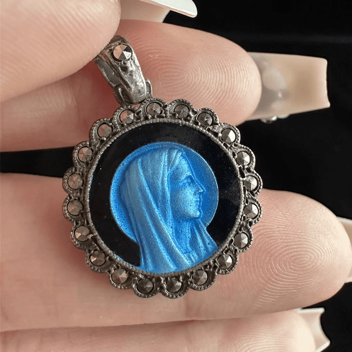 Christianartworkshop Virgin Mary&Archangel Michael Antique Silver Enamel Praying Medallion - A Charm of Devotion and Elegance - Virgin Mary - image 0
