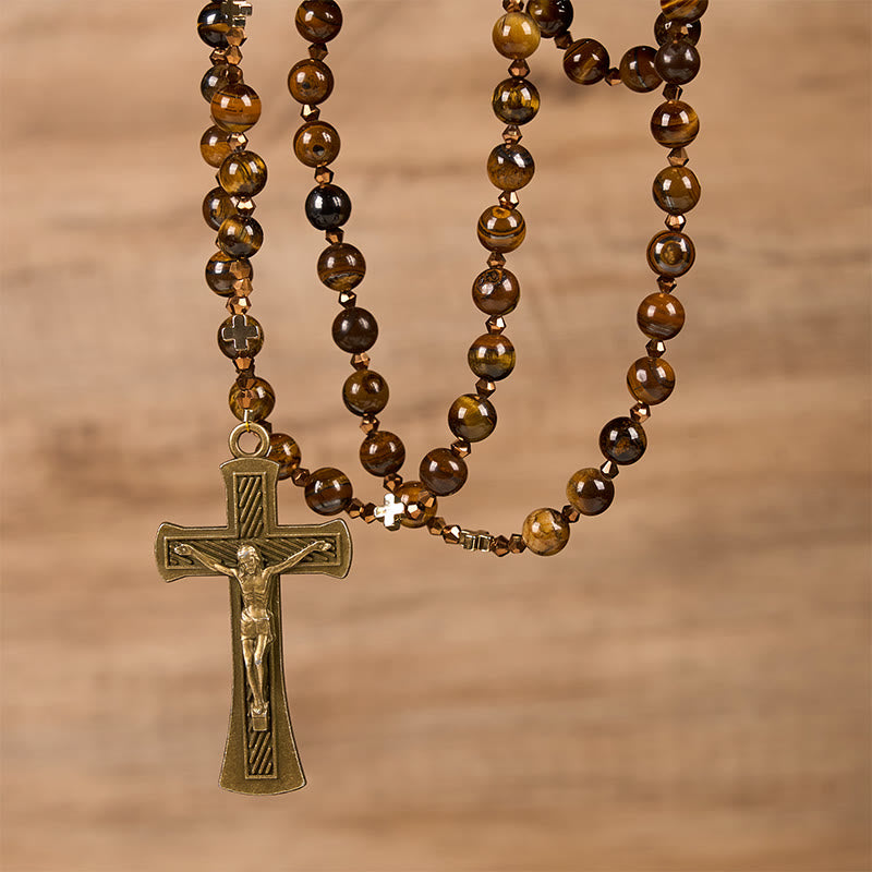St. Benedict Medal & Crucifix of 8 mm Round Brown Tiger's Eye Alloy Chain Rosary - image 2