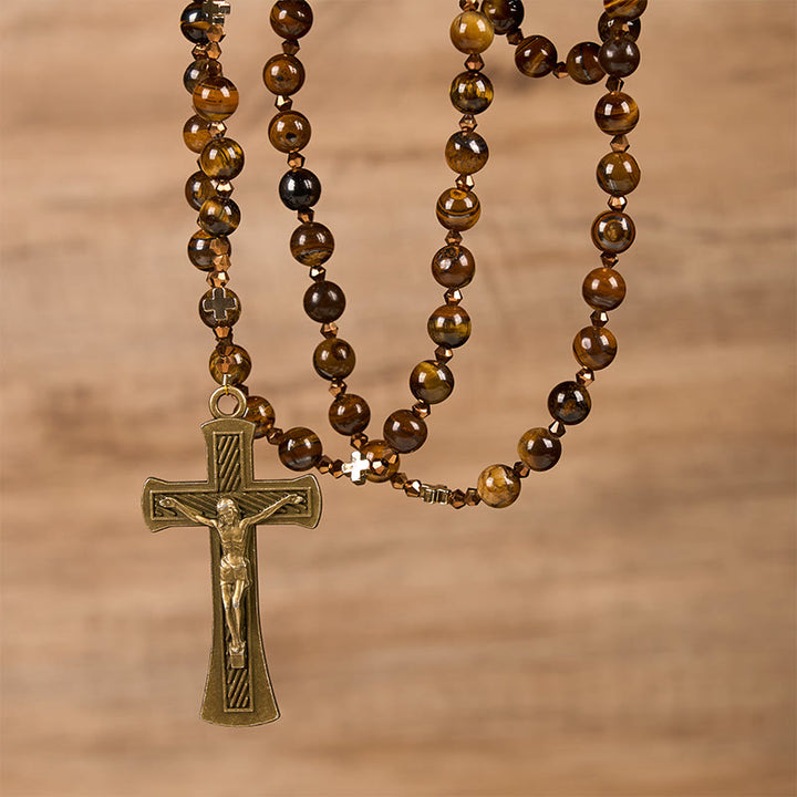 St. Benedict Medal & Crucifix of 8 mm Round Brown Tiger's Eye Alloy Chain Rosary - image 2