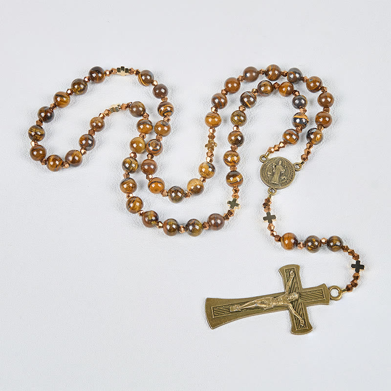 St. Benedict Medal & Crucifix of 8 mm Round Brown Tiger's Eye Alloy Chain Rosary - image 8