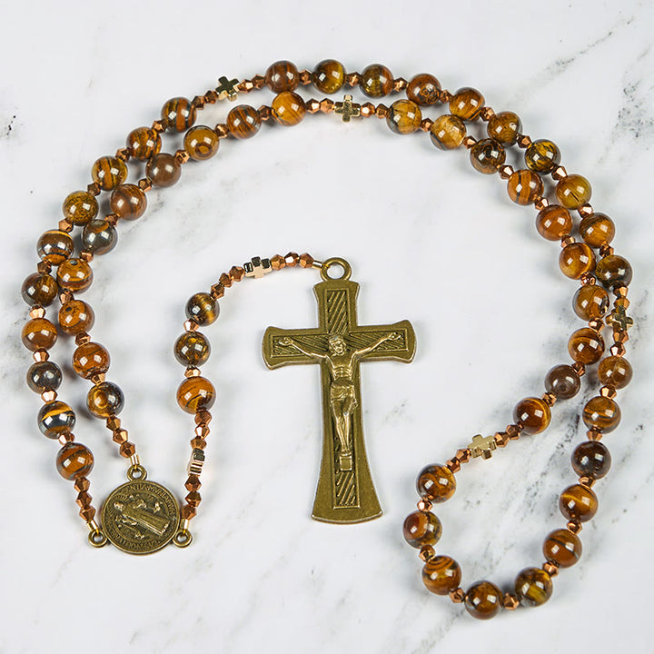 St. Benedict Medal & Crucifix of 8 mm Round Brown Tiger's Eye Alloy Chain Rosary - image 7