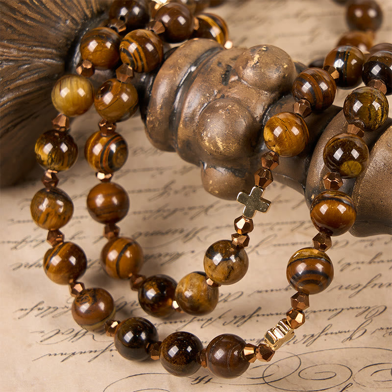 St. Benedict Medal & Crucifix of 8 mm Round Brown Tiger's Eye Alloy Chain Rosary - image 4