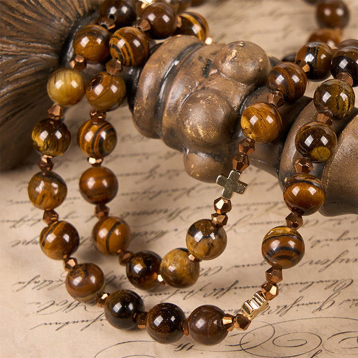 St. Benedict Medal & Crucifix of 8 mm Round Brown Tiger's Eye Alloy Chain Rosary - image 4