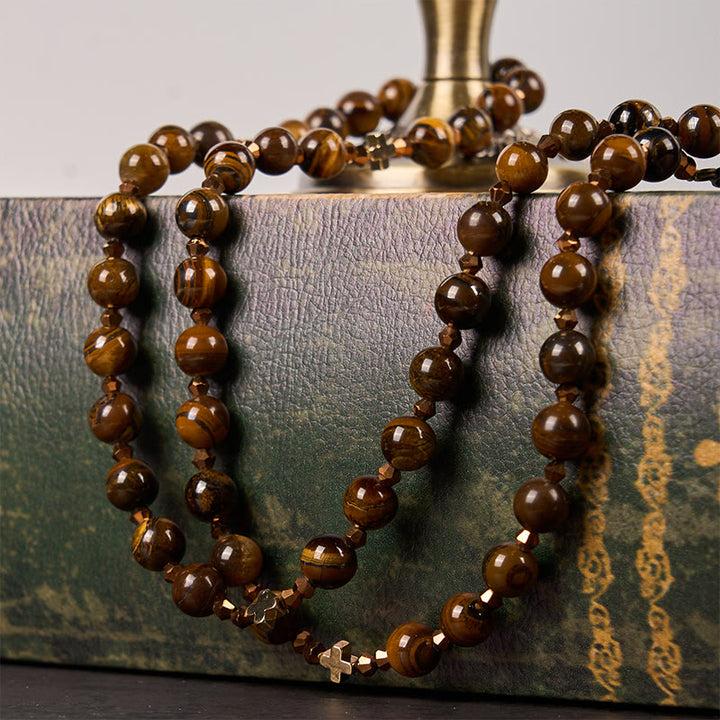 St. Benedict Medal & Crucifix of 8 mm Round Brown Tiger's Eye Alloy Chain Rosary - image 3