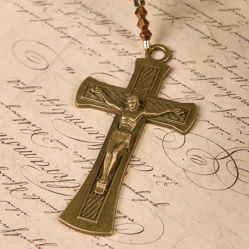 St. Benedict Medal & Crucifix of 8 mm Round Brown Tiger's Eye Alloy Chain Rosary - image 5