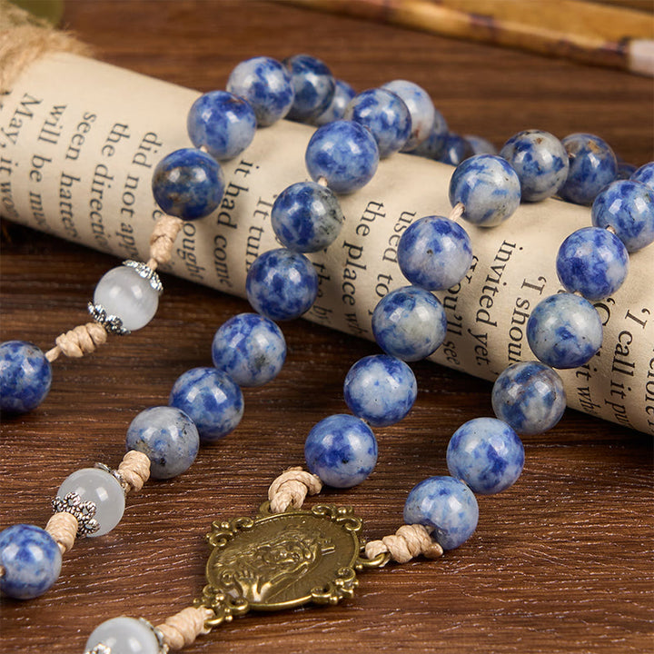 Christianartworkshop Immaculate Heart of Mary & Crucifix of 8 mm Round Blue Stone Nylon Cord Rosary - image 6