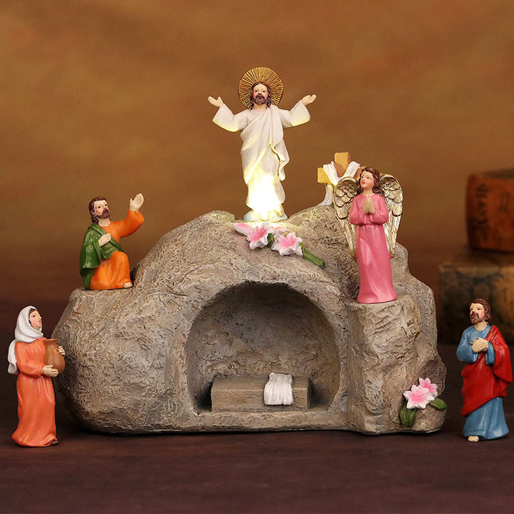 Christianartworkshop Resurrection Scene with Jesus, Angels, and Disciples - Illuminated Easter Nativity Ornament