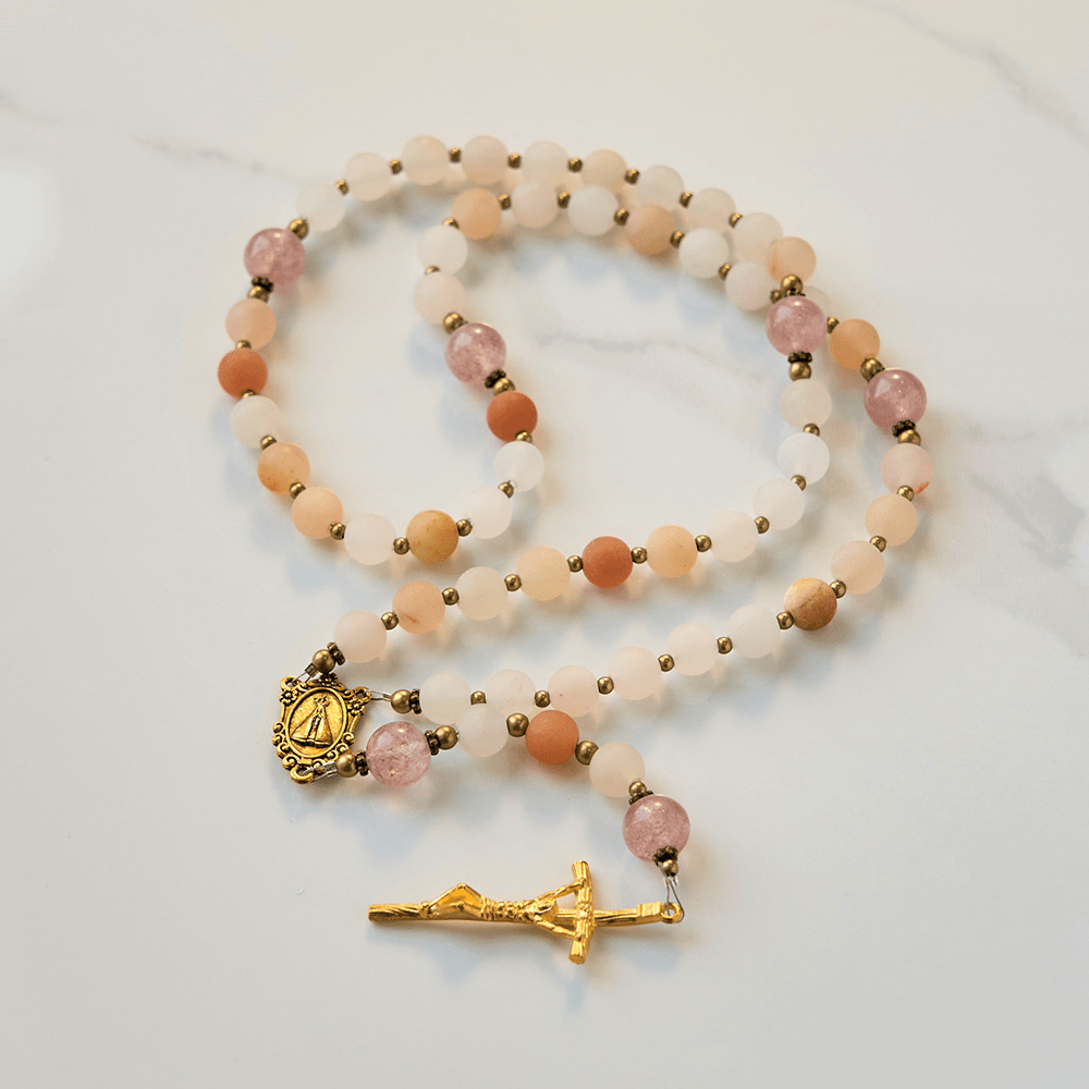 Christianartworkshop Our Lady & Crucifix of 8mm Handmade Pink Aventurine & Strawberry Quartz Rosary